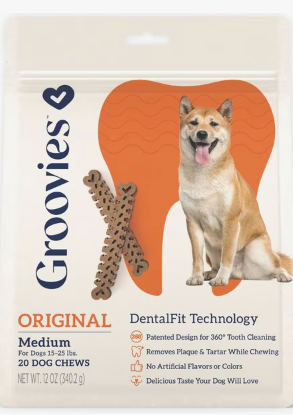 GROOVIES Dog Dental Chews 12oz Medium 20ct